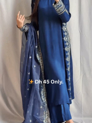 Elegant Navy Blue Straight-Cut Embroidered Suit Set