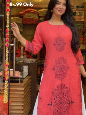 Everyday Elegance – Vibrant Coral Kurti with Ethnic Charm